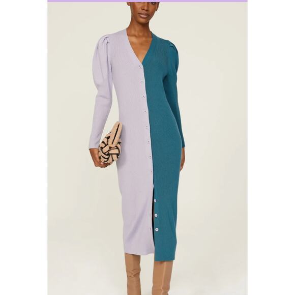 Busayo Dress Women Medium Purple Blue Ribbed Sweater Knit Midi Button Wool - Picture 1 of 13